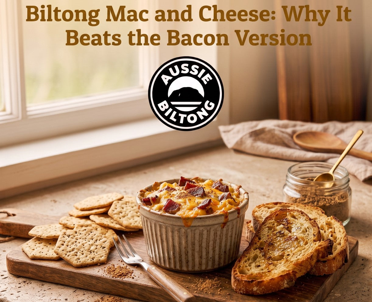 Baked biltong mac and cheese in a ramekin with golden cheddar crust and pieces of biltong on top, served with toasted sourdough and crackers