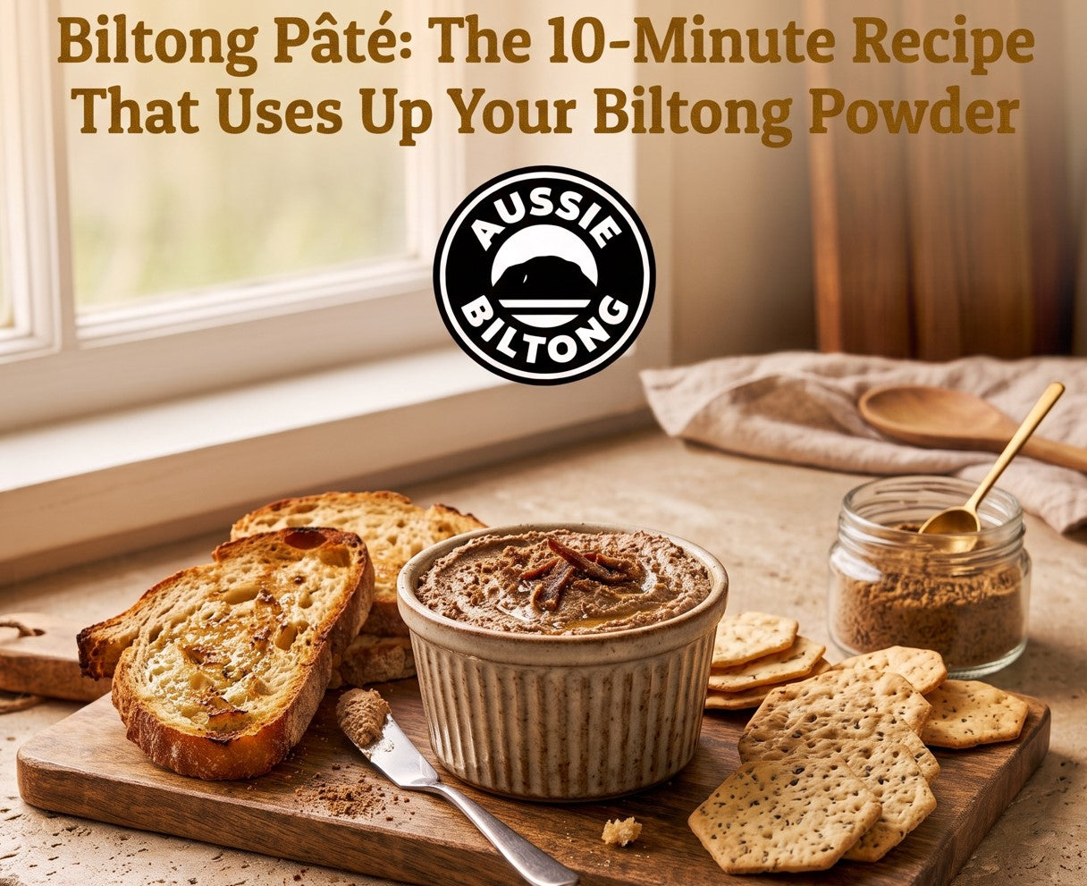 Biltong pate in a ramekin topped with biltong slices, served with toasted sourdough and seed crackers on a wooden board, jar of biltong powder alongside