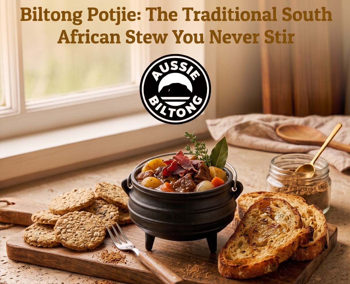 Biltong potjie in a traditional three-legged cast iron pot with beef, potatoes and carrots, topped with biltong slices and a bay leaf
