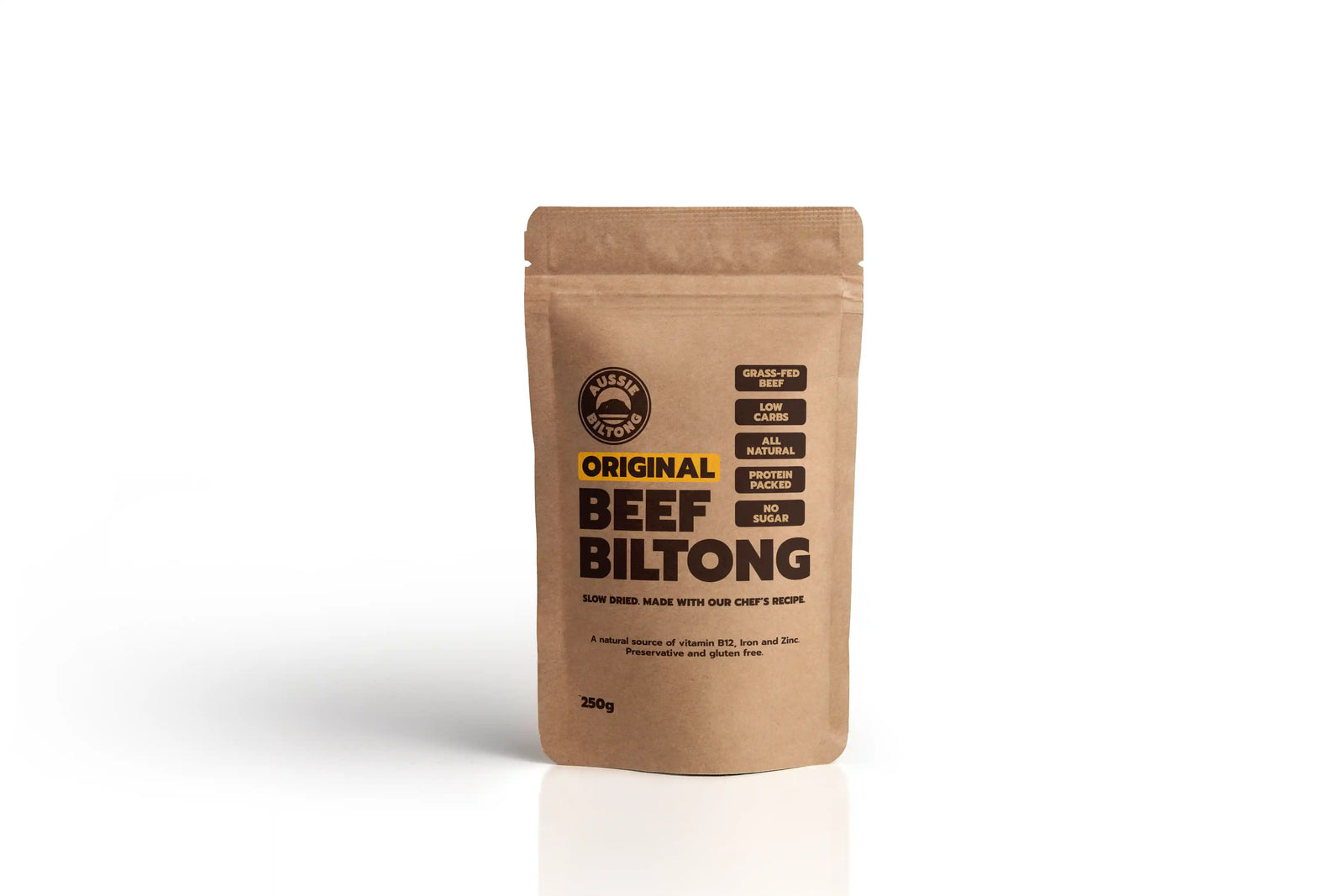 Australian grass-fed beef biltong priced per kg, shown in resealable 250g pouches
