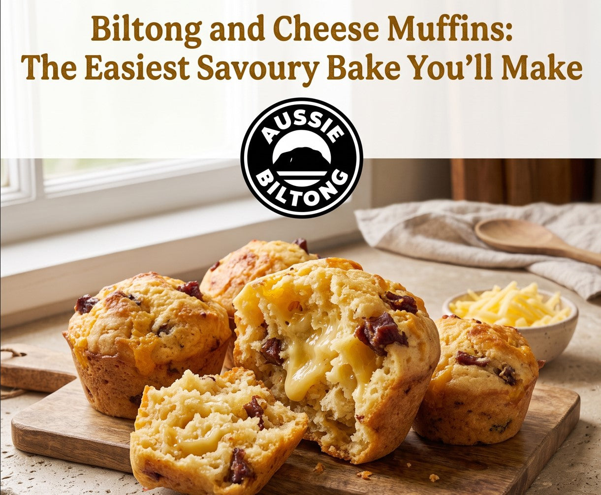 Biltong and cheese muffins on a wooden board, one broken open showing melted cheddar and chopped biltong through the crumb, bowl of grated cheese behind