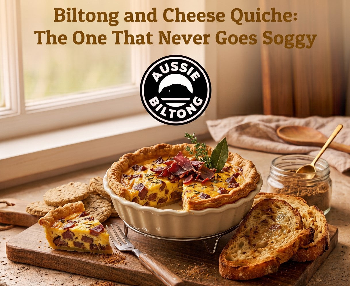 Biltong and cheese quiche in a ceramic dish with one slice cut, showing set egg custard with chopped biltong and cheddar through it