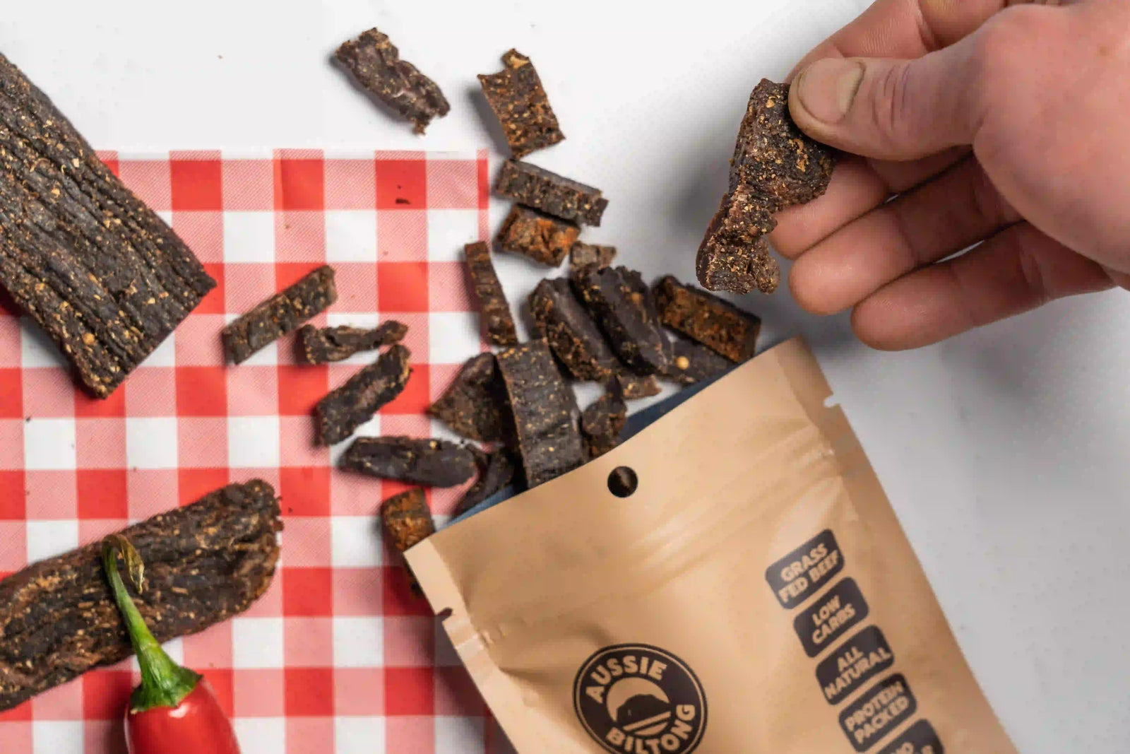 Bulk Australian grass-fed beef biltong, 1kg and 2kg in resealable 250g pouches