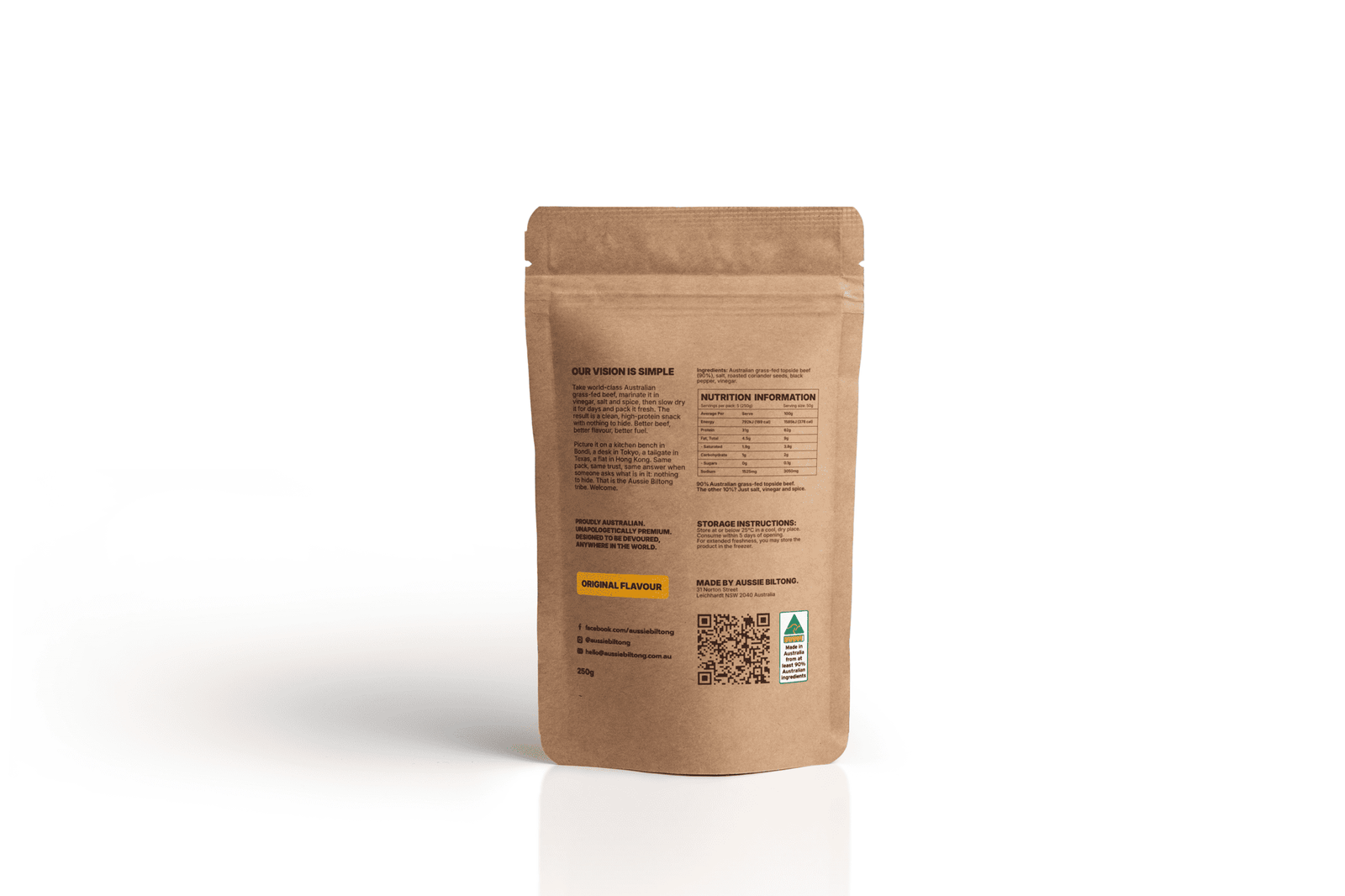 Back of the Aussie Biltong Original Beef Biltong 250g pouch showing ingredients, nutrition information, storage instructions and Australian Made logo