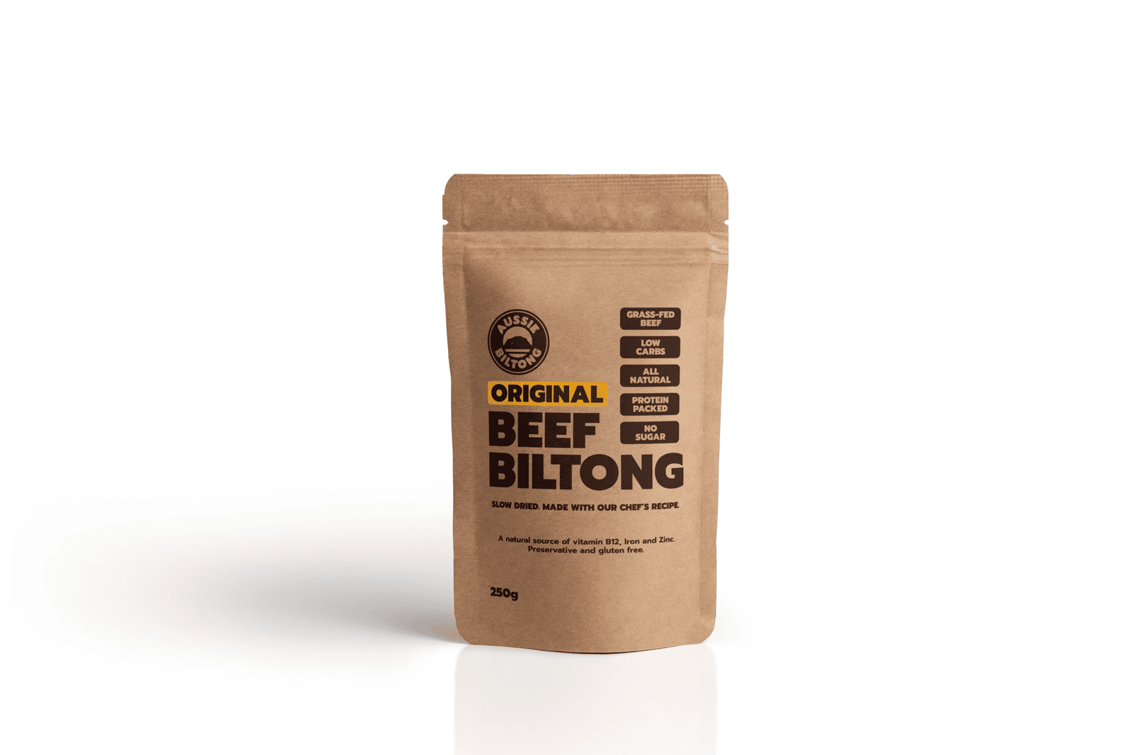 Aussie Biltong Original Beef Biltong 250g resealable kraft pouch, front of pack showing grass-fed beef, low carb, all natural, protein packed and no sugar