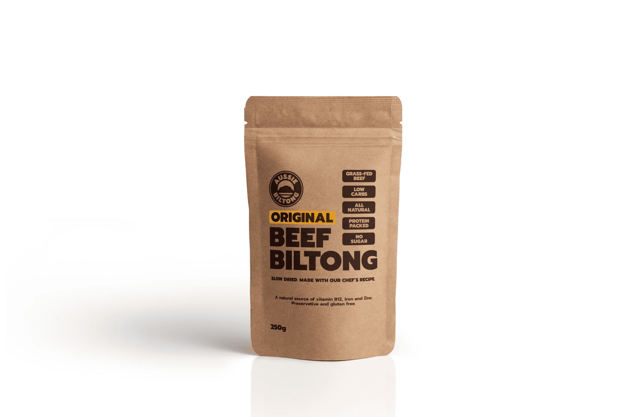 Aussie Biltong Original Beef Biltong 250g resealable kraft pouch, front of pack showing grass-fed beef, low carb, all natural, protein packed and no sugar